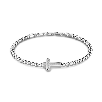 Zancan soft bracelet with silver beads and cross with black stones.