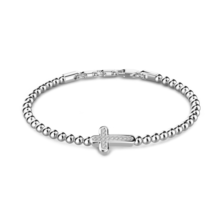 Pulsera Zancan flexible con esferas de plata y cruz con piedras negras.