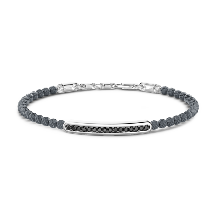 Zancan-Gliederarmband mit Kugeln aus Silber und Plakette mit schwarzen Edelsteinen.