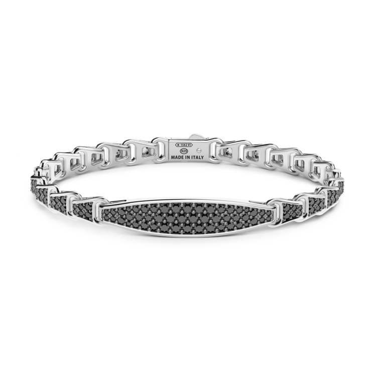 Pulsera Zancan de plata con placa y piedras negras.