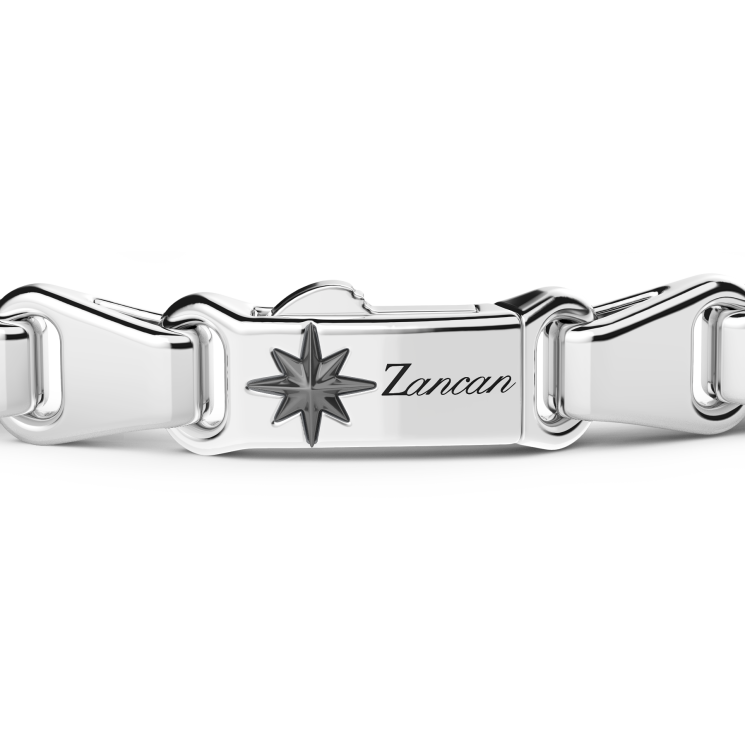 Zancan-Armband aus Silber mit Plakette und schwarzen Edelsteinen.