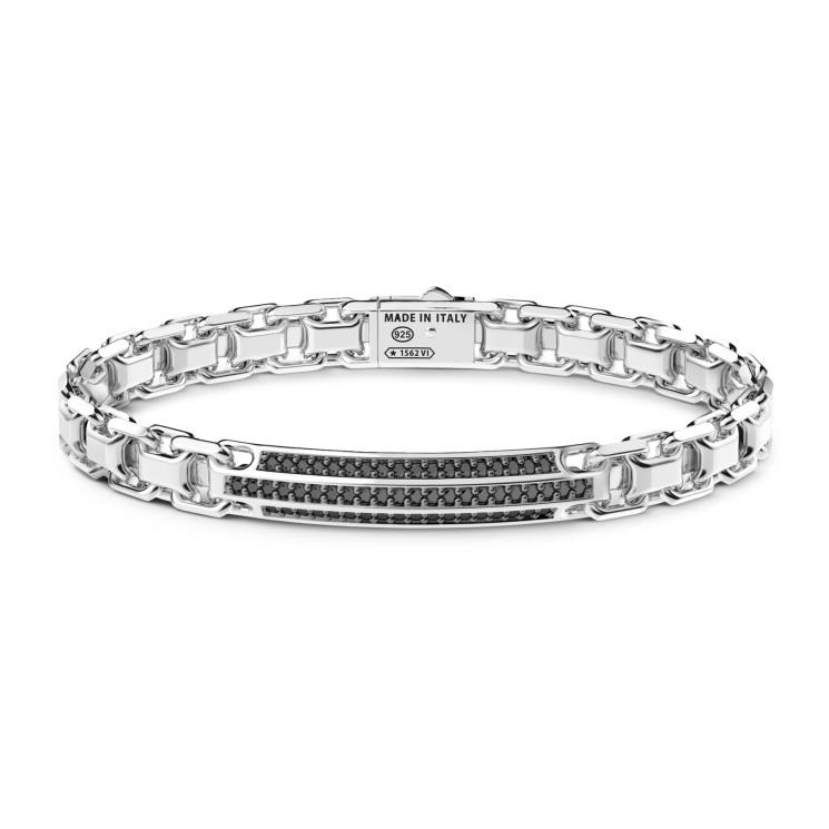 Pulsera Zancan de plata con placa y piedras negras.