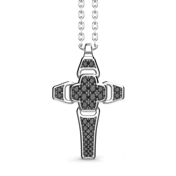 Collana Zancan in argento con pendente a croce e pietre nere.