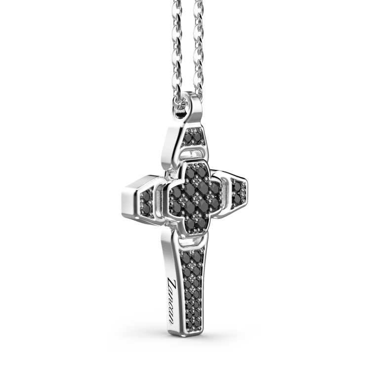 Collana Zancan in argento con pendente a croce e pietre nere.