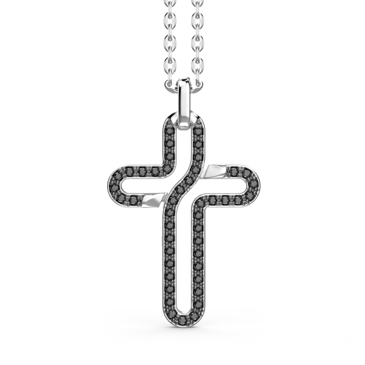 Zancan silver necklace with cross pendant and black stones.