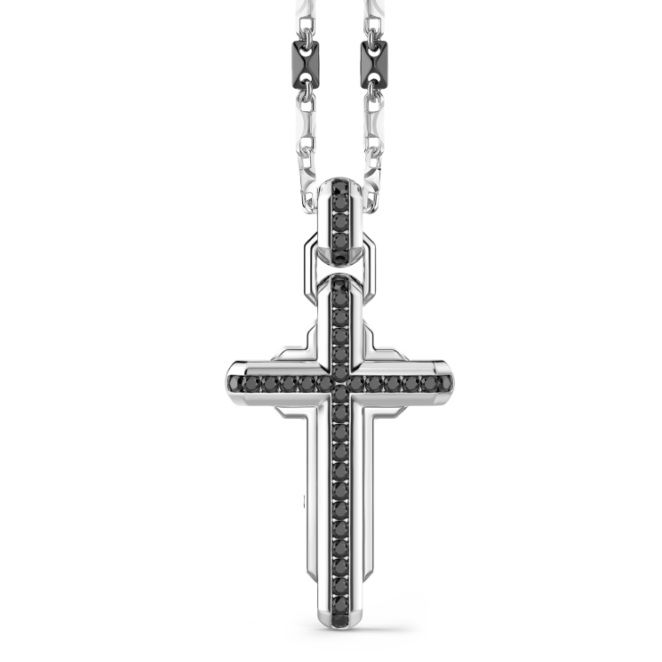 Zancan silver necklace with cross pendant and black stones.