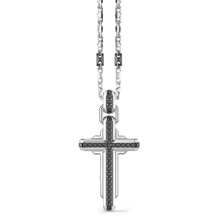 Collar Zancan de plata con colgante de cruz y piedras negras.