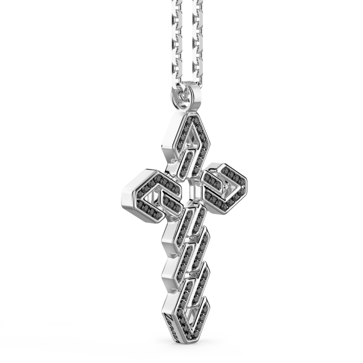 Zancan silver necklace with cross pendant and black stones.