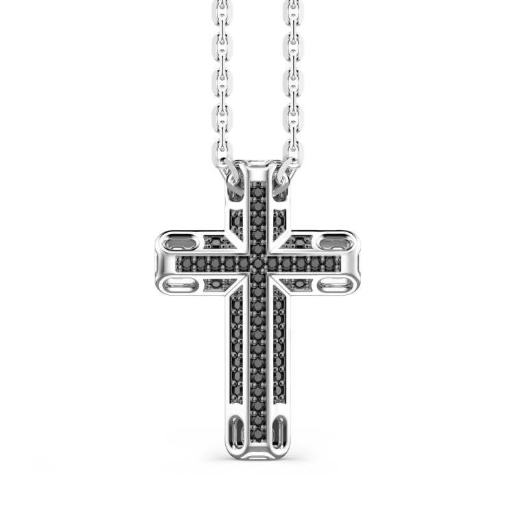 Zancan-Kette aus Silber mit Kreuzanhänger und schwarzen Edelsteinen.