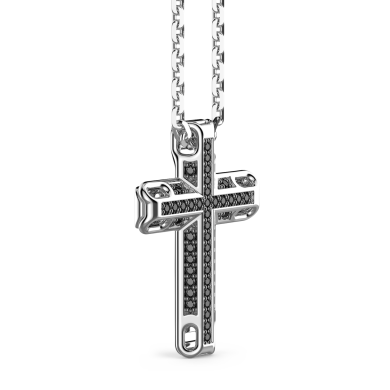 Zancan-Kette aus Silber mit Kreuzanhänger und schwarzen Edelsteinen.