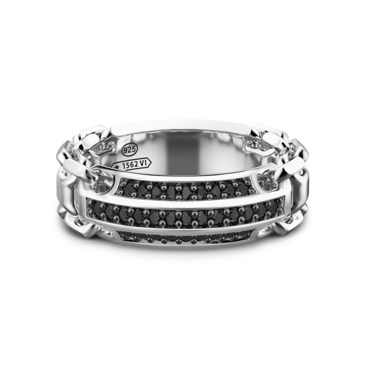 Anello Zancan in argento a fede con pietre nere.