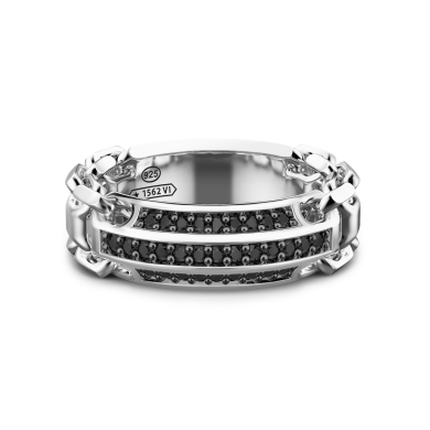 Anillo de banda Zancan de plata con piedras negras.