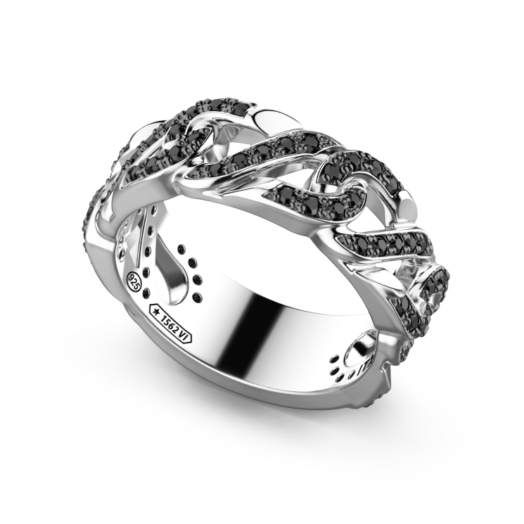 Zancan-Bandring aus Silber mit schwarzen Edelsteinen.