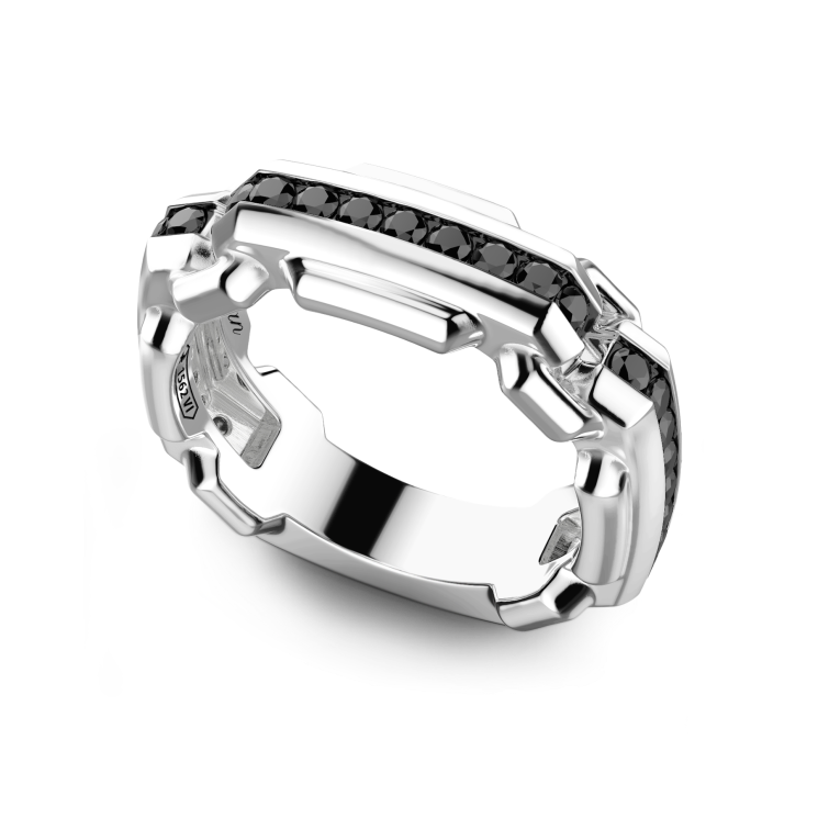 Anillo de banda Zancan de plata con piedras negras.