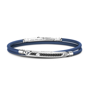 Pulsera Zancan de piel natural con placa de plata y piedras negras.