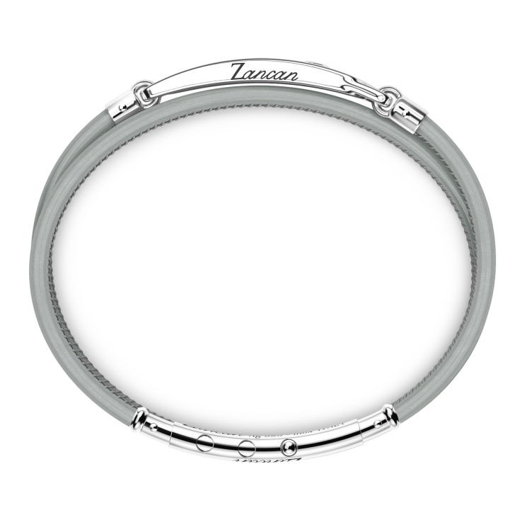 Zancan-Armband aus Naturleder mit Silberplakette und schwarzen Edelsteinen.