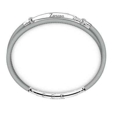 Zancan-Armband aus Naturleder mit Silberplakette und schwarzen Edelsteinen.