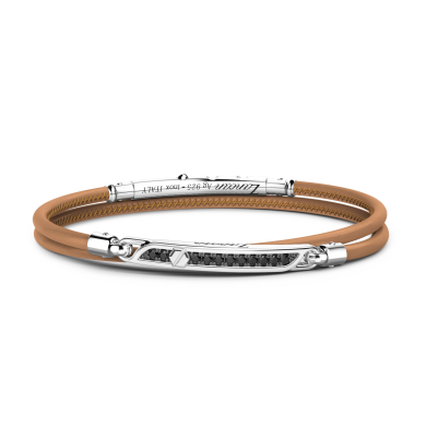 Zancan natural leather bracelet with silver tag and black stones.