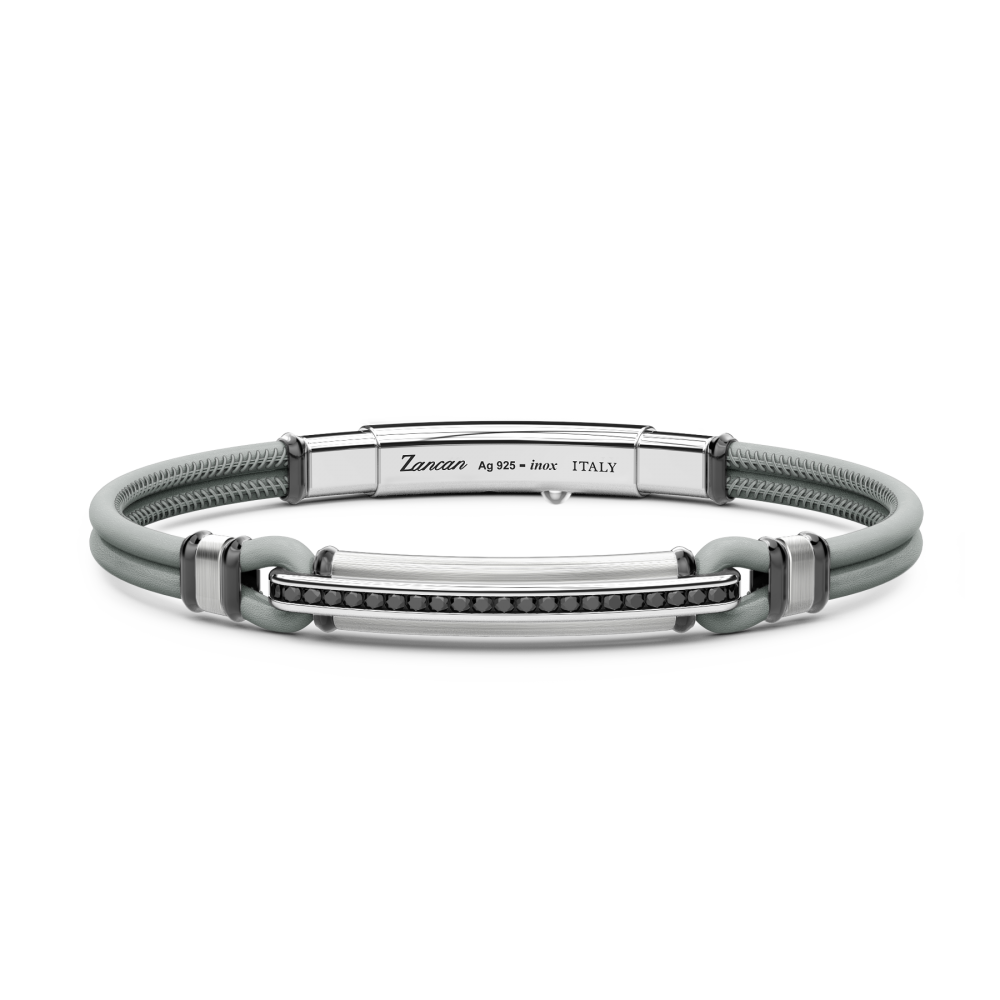 Bracciale Zancan in pelle naturale con targa in argento e pietre nere.