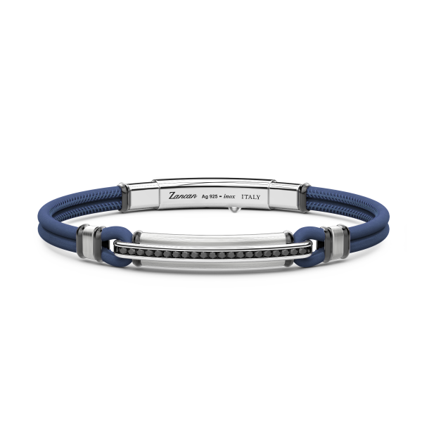 Bracciale Zancan in pelle naturale con targa in argento e pietre nere.