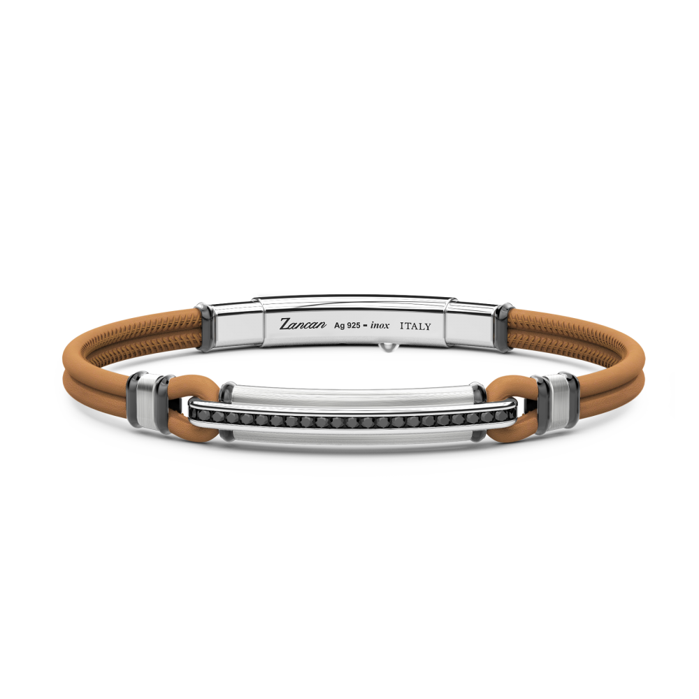 Bracciale Zancan in pelle naturale con targa in argento e pietre nere.