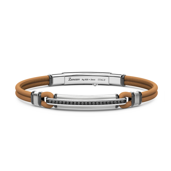 Bracciale Zancan in pelle naturale con targa in argento e pietre nere.