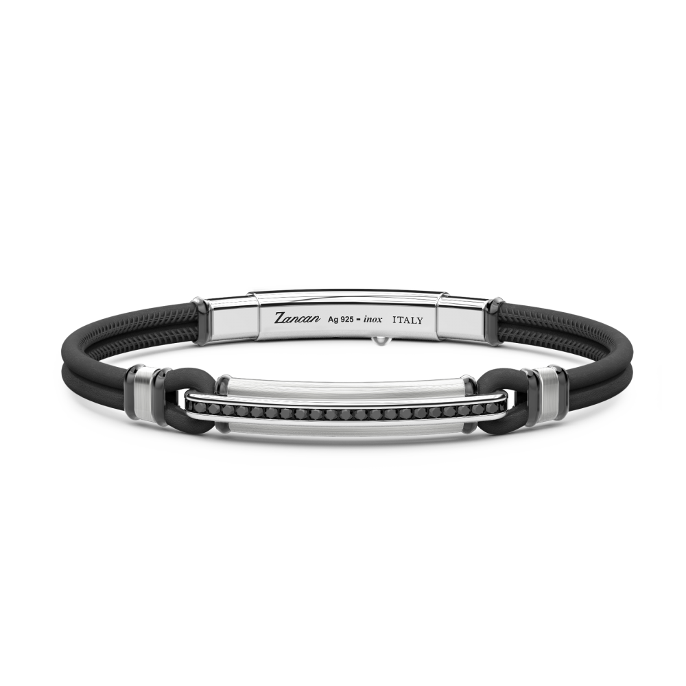 Bracciale Zancan in pelle naturale con targa in argento e pietre nere.