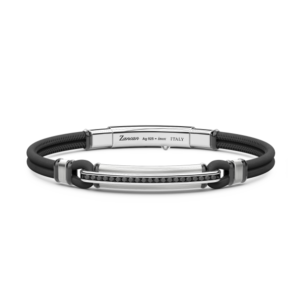 Bracciale Zancan in pelle naturale con targa in argento e pietre nere.