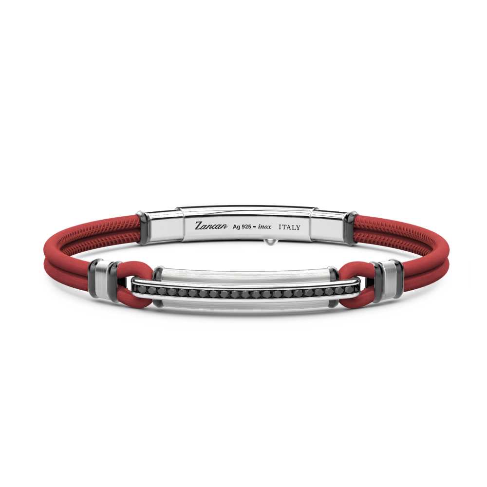 Zancan-Armband aus Naturleder mit Silberplakette und schwarzen Edelsteinen.