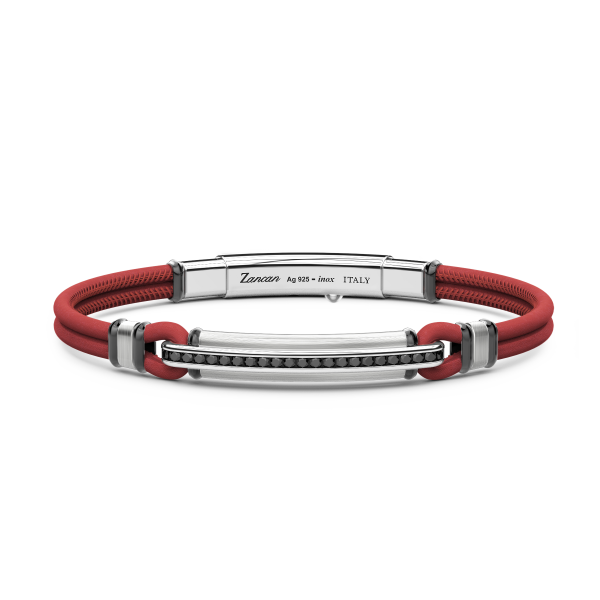 Bracciale Zancan in pelle naturale con targa in argento e pietre nere.