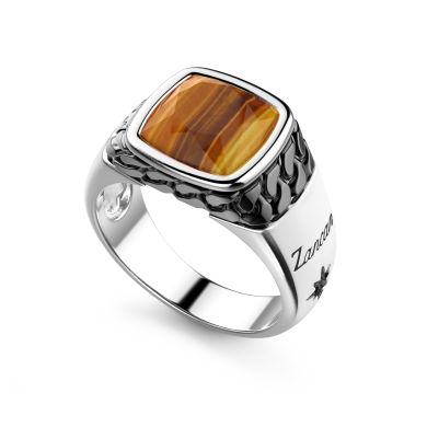 White and black silver ring with natural tiger's eye.