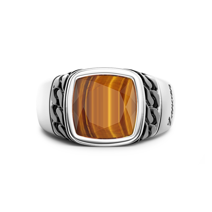 White and black silver ring with natural tiger's eye.