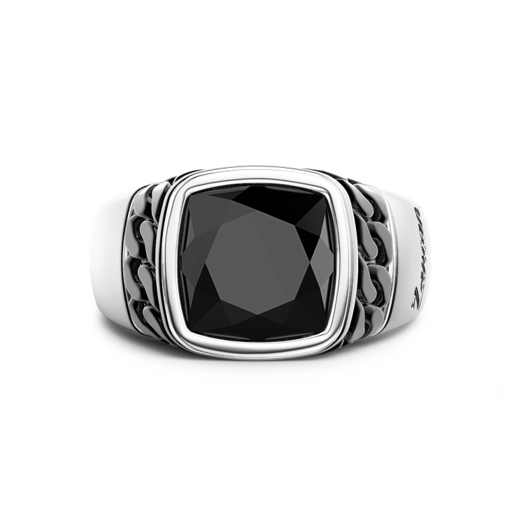 Ring aus weißem und schwarzem Silber mit natürlichem Onyx.