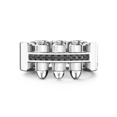 Anillo Zancan de plata de balas con piedras negras.