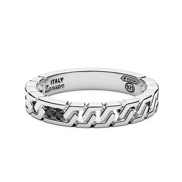 Zancan-Bandring aus Silber mit schwarzen Edelsteinen.