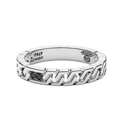 Zancan-Bandring aus Silber mit schwarzen Edelsteinen.