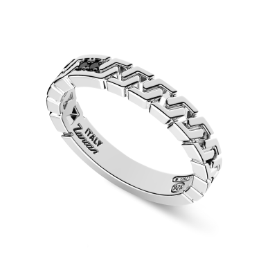 Zancan-Bandring aus Silber mit schwarzen Edelsteinen.