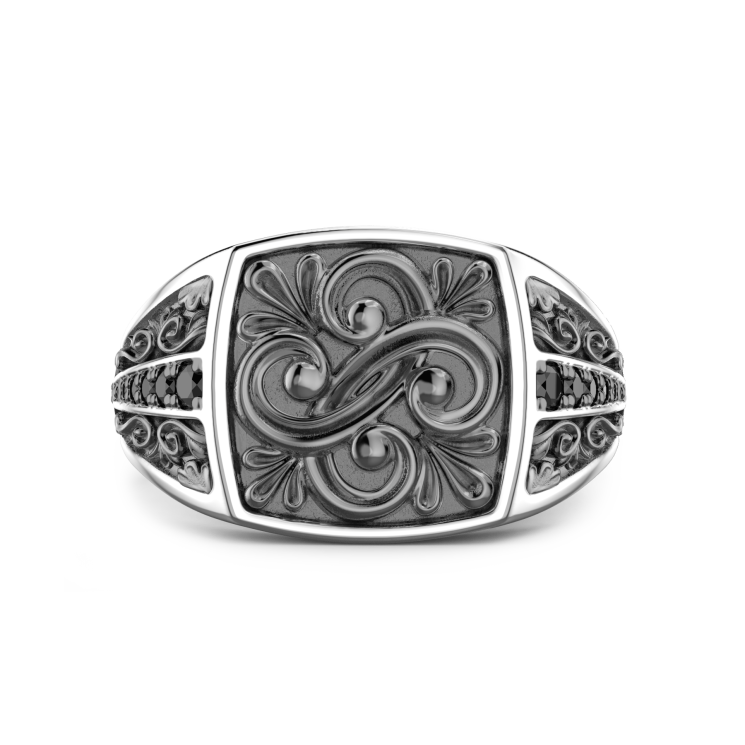 Anello chevalier Zancan in argento e pietre nere.