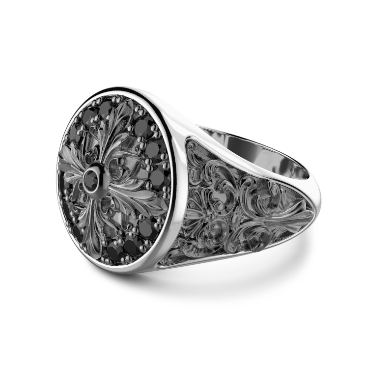 Anello chevalier Zancan in argento e pietre nere.