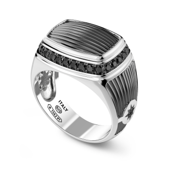 Zancan silver signet ring with black stones.