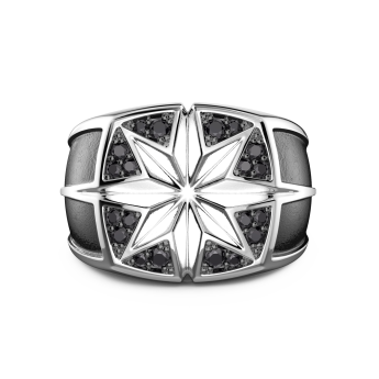 Anello Zancan in argento con rosa dei venti incisa e pietre nere.