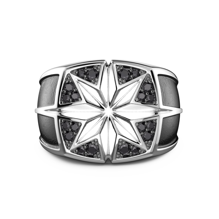 Anello Zancan in argento con rosa dei venti incisa e pietre nere.