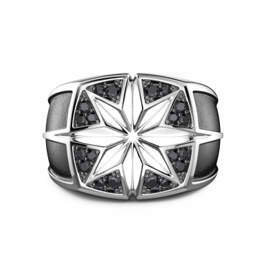 Anello Zancan in argento con rosa dei venti incisa e pietre nere.