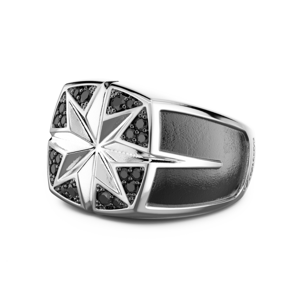 Anello Zancan in argento con rosa dei venti incisa e pietre nere.