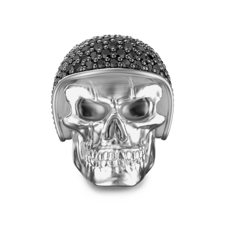 Zancan silver biker skull ring with black stones.