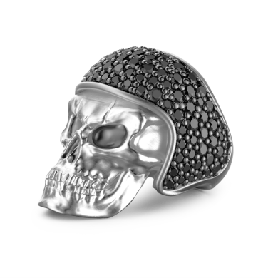Zancan-Ring aus Silber mit Totenkopf im Biker-Stil und schwarzen Edelsteinen.