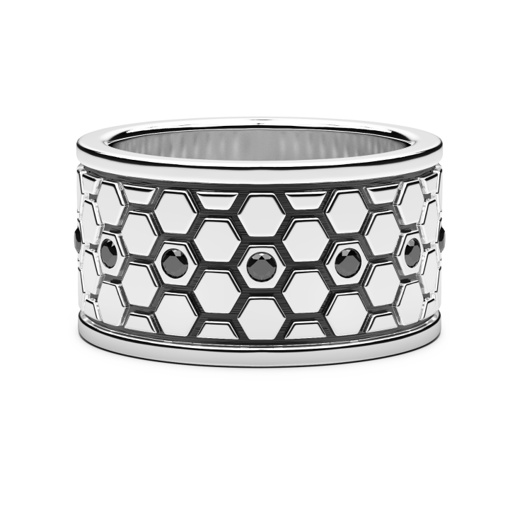Breiter Zancan-Bandring aus Silber mit schwarzen Edelsteinen.