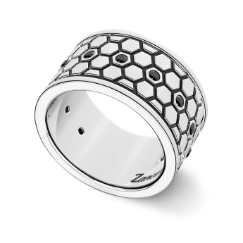 Anello a fascia larga Zancan in argento e pietre nere. 2