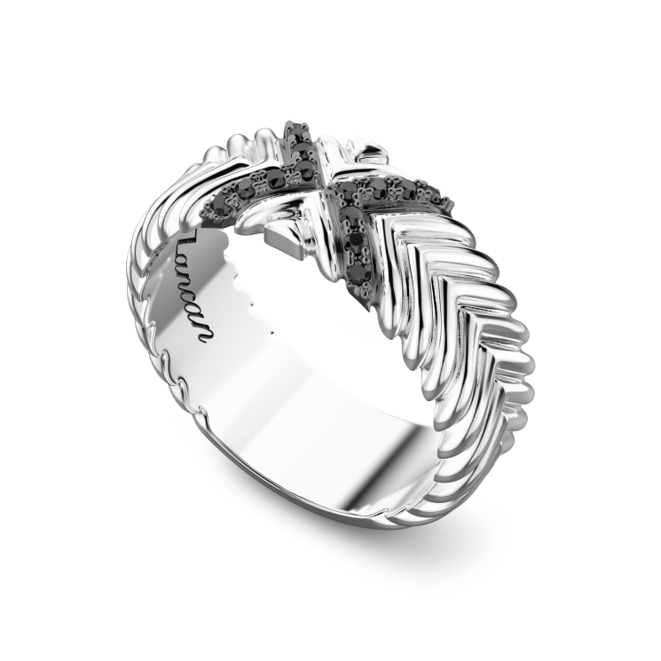 Zancan silver band ring with black stones.