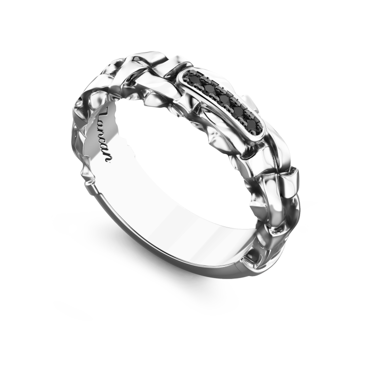 Zancan silver band ring with black stones.